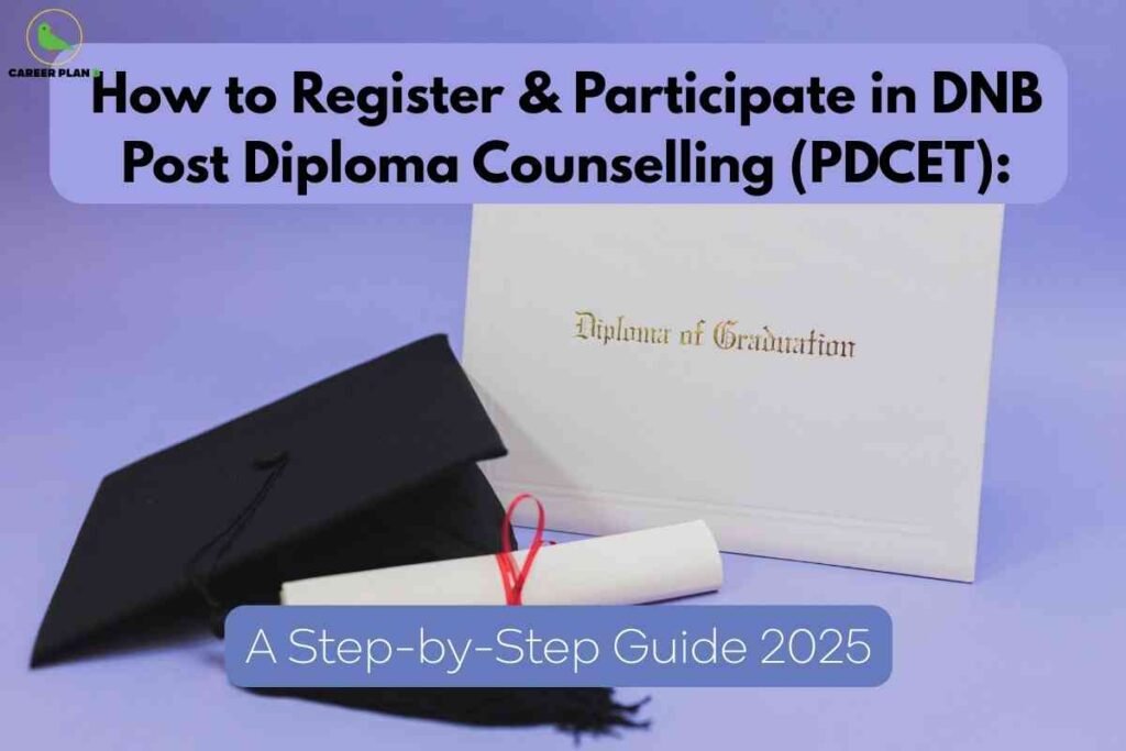 This image provides guidance on how to register and participate in DNB Post Diploma Counselling (PDCET) for 2025. At the top, the heading "How to Register & Participate in DNB Post Diploma Counselling (PDCET):" is written in large, bold black text on a light purple background with the "CAREER PLAN B" logo and green bird icon in the upper left corner. The lower section features a graduation cap, a rolled-up diploma tied with a red ribbon, and an open envelope displaying the text "Diploma of Graduation" in gold. At the bottom, a blue box contains the phrase "A Step-by-Step Guide 2025," highlighting the instructional nature of the content for prospective candidates.