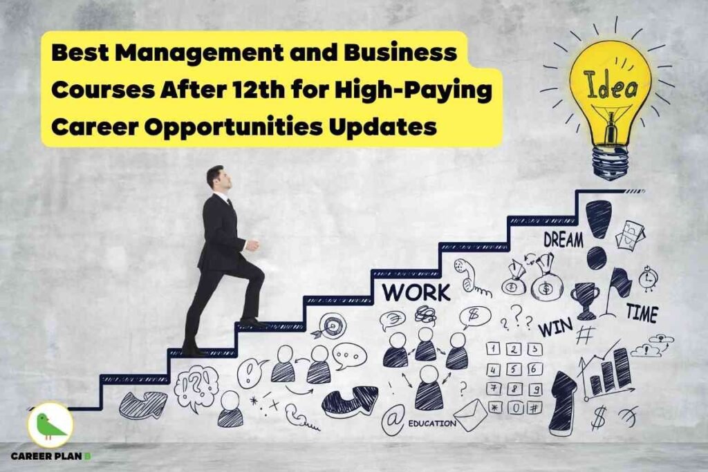 Educational promotional image about the best management and business courses after 12th for high-paying career opportunities in 2025, presented by Career Plan B. The top section features a bold headline in large black font on a bright yellow background: “Best Management and Business Courses After 12th for High-Paying Career Opportunities Updates.” In the center, a young man in a black suit climbs upward on illustrated staircase steps, each step featuring hand-drawn icons representing work, education, teamwork, finance, and planning. At the top right, a large yellow light bulb with the word “Idea” symbolizes innovation and success. Doodles next to the steps include graphics for “WORK,” “DREAM,” “WIN,” “TIME,” trophies, money, a graph, communication symbols, and an envelope marked “EDUCATION.” The lower left displays the green bird Career Plan B logo, indicating the source. The visual captures the journey toward management careers after 12th with educational, professional, and motivational elements, clearly highlighting the concept of business management courses after 12th, career advancement, innovation, and opportunities for growth.