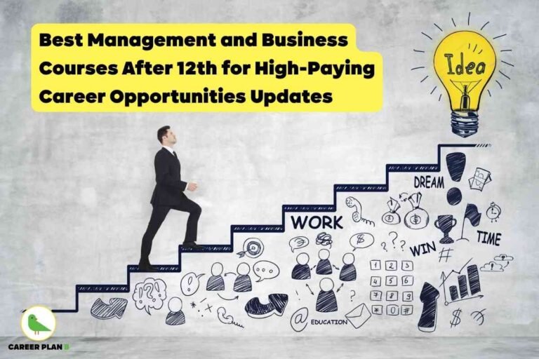 Educational promotional image about the best management and business courses after 12th for high-paying career opportunities in 2025, presented by Career Plan B. The top section features a bold headline in large black font on a bright yellow background: “Best Management and Business Courses After 12th for High-Paying Career Opportunities Updates.” In the center, a young man in a black suit climbs upward on illustrated staircase steps, each step featuring hand-drawn icons representing work, education, teamwork, finance, and planning. At the top right, a large yellow light bulb with the word “Idea” symbolizes innovation and success. Doodles next to the steps include graphics for “WORK,” “DREAM,” “WIN,” “TIME,” trophies, money, a graph, communication symbols, and an envelope marked “EDUCATION.” The lower left displays the green bird Career Plan B logo, indicating the source. The visual captures the journey toward management careers after 12th with educational, professional, and motivational elements, clearly highlighting the concept of business management courses after 12th, career advancement, innovation, and opportunities for growth.