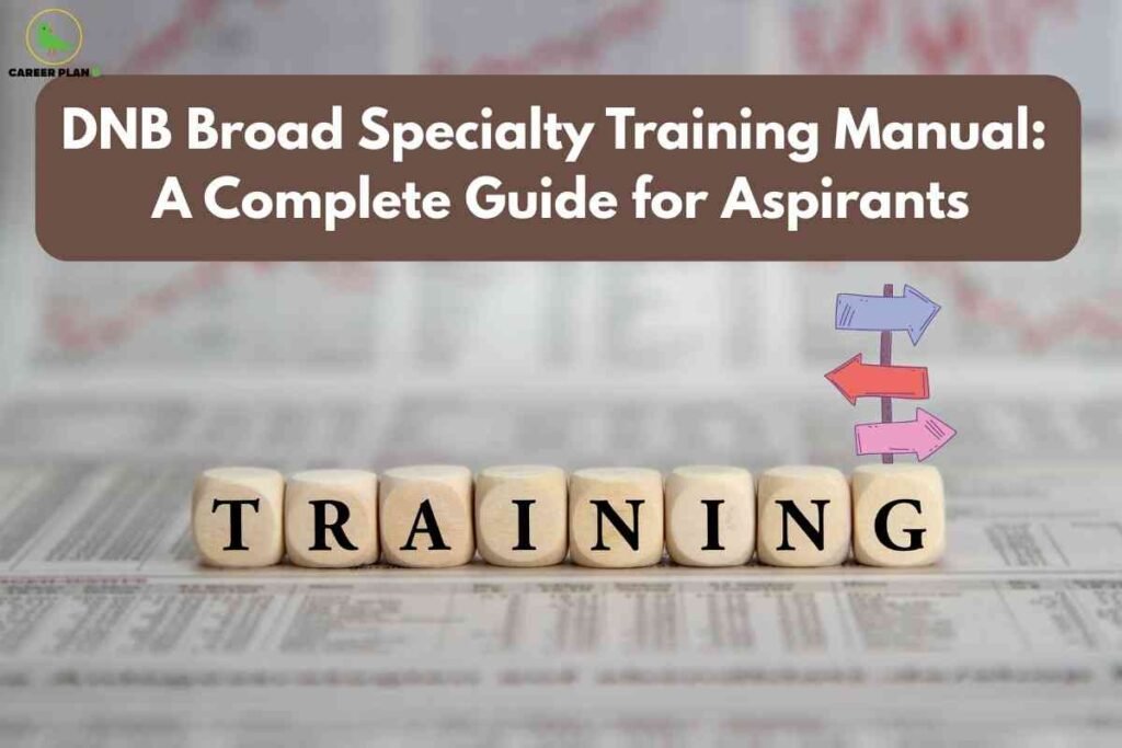 This image serves as a guide for DNB Broad Specialty training aspirants. At the top, set against a brown background strip, the title "DNB Broad Specialty Training Manual: A Complete Guide for Aspirants" is displayed in large white font. In the upper left, the "CAREER PLAN B" logo featuring a green bird icon is visible. The lower portion features wooden blocks arranged to spell out "TRAINING" on a sheet of paper with printed data or text. To the right, a multicolored signpost with arrows points in several directions, symbolizing guidance and choices in training pathways. The theme focuses on providing comprehensive support and direction for DNB specialty candidates.