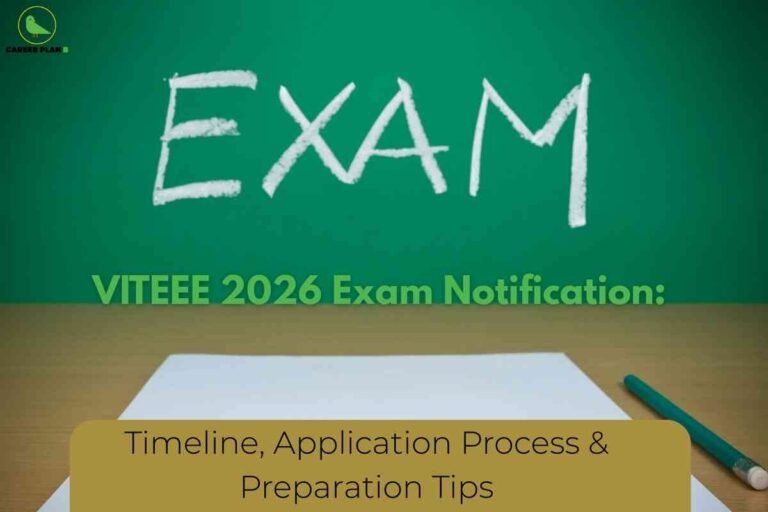 This image announces key details about the VITEEE 2026 examination. At the top, "EXAM" is written in large, chalk-style white letters across a green board background, creating a classroom test atmosphere. Just below, the text "VITEEE 2026 Exam Notification:" appears in bold green font. At the bottom, a tan box contains the phrase "Timeline, Application Process & Preparation Tips" in black text. The foreground shows a desk with a sheet of paper and a green pen, reinforcing the exam preparation theme. The "CAREER PLAN B" logo with a bird icon is in the top left corner, highlighting the educational context.