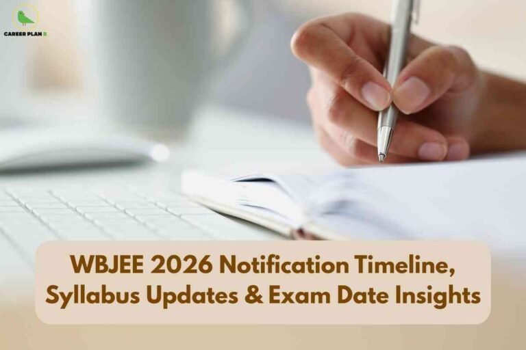 This image provides information for WBJEE 2026 aspirants about notification timelines, syllabus updates, and exam date insights. The top left corner features the "CAREER PLAN B" logo with a green bird icon. Most of the image shows a close-up of a hand holding a silver pen, writing in an open notebook placed on a white computer keyboard, suggesting active study and preparation. At the bottom, set in a tan box with bold brown text, is the heading: "WBJEE 2026 Notification Timeline, Syllabus Updates & Exam Date Insights." The visual focus is on preparing for the WBJEE exam, emphasizing up-to-date details for students.