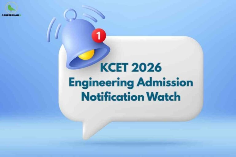 This image highlights the KCET 2026 engineering admission notification. On a soft blue gradient background, a white speech bubble is displayed in the center with the text "KCET 2026 Engineering Admission Notification Watch" written in bold teal font. Above the speech bubble, there's a prominent blue 3D notification bell icon with vibration signals and a red badge showing the number "1," symbolizing an important update or alert. The top left corner contains the "CAREER PLAN B" logo with a green bird icon. The design conveys urgency and attentiveness for students waiting for KCET 2026 admission updates.