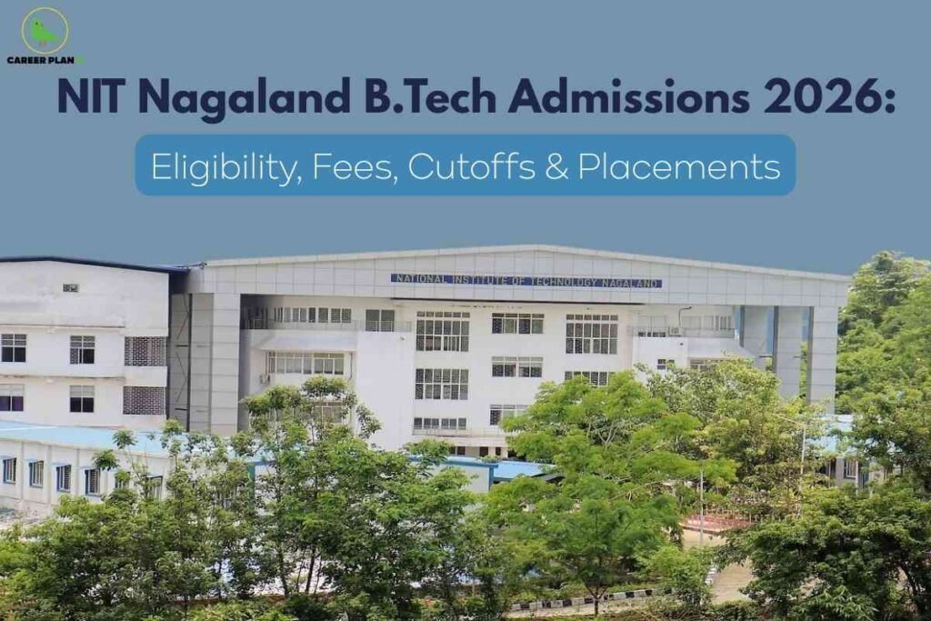 A clear campus image for NIT Nagaland B.Tech Admissions 2026, featuring the main National Institute of Technology Nagaland building with its white facade and blue accents, surrounded by green trees and set against a soft blue background, with bold overlay text highlighting eligibility, fees, cutoffs, and placements for B.Tech applicants in 2026.