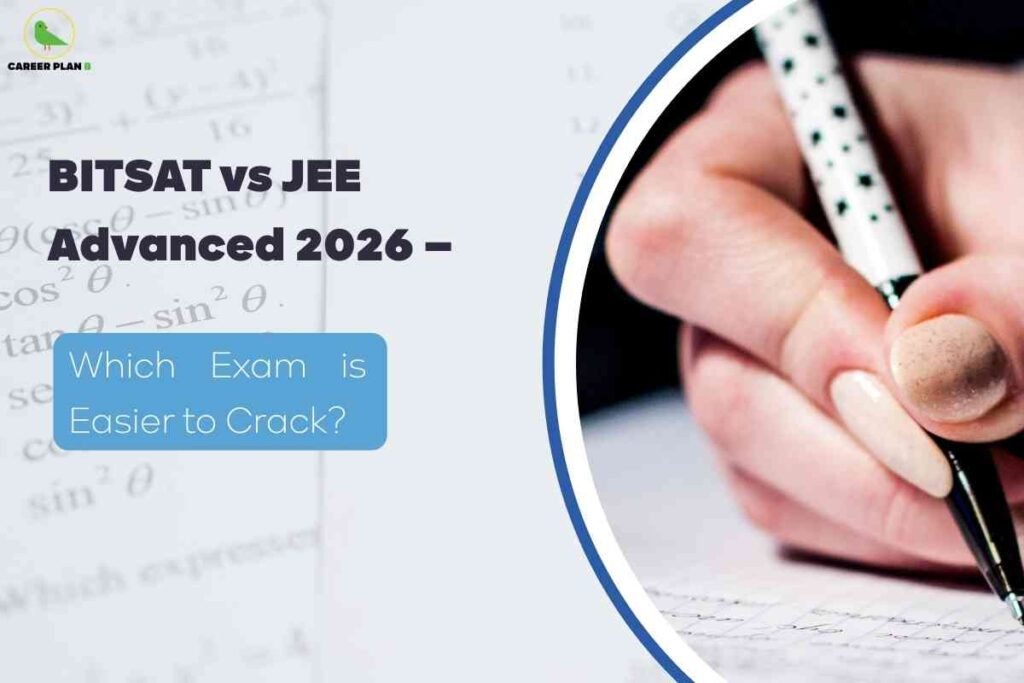 A focused exam comparison image for BITSAT vs JEE Advanced 2026, showing a closeup of a hand holding a pen and writing on an answer sheet, with mathematical equations in the background and bold text that reads “BITSAT vs JEE Advanced 2026 – Which Exam is Easier to Crack?”, visually emphasizing the direct comparison of difficulty, preparation, and student experience for these two major entrance exams.