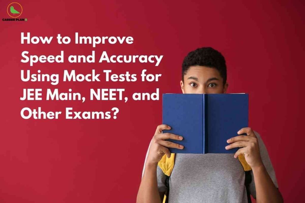 A vibrant educational image themed for improve speed and accuracy with mock tests, showing a student in a gray t-shirt and yellow backpack holding and focused on a blue book against a solid red background, alongside bold text that reads “How to Improve Speed and Accuracy Using Mock Tests for JEE Main, NEET, and Other Exams,” conveying the importance of mock tests for exam preparation and boosting performance in competitive exams.