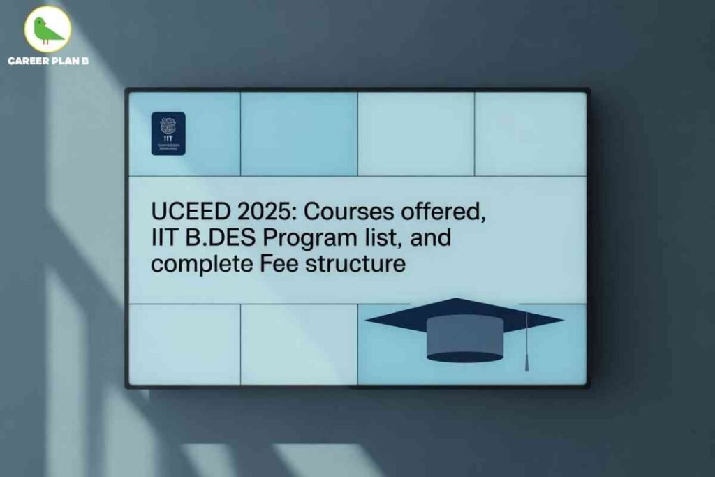Informative visual about UCEED preparation in 2025, designed by Career Plan B. The top left displays the Career Plan B logo with a green bird and company name. Centered, bold black text reads, “UCEED 2025: Courses offered, IIT B.Des Program list, and complete Fee structure.” On the lower right, a minimalist black graduation cap graphic emphasizes the academic theme. The background consists of a wall-mounted digital display board with soft blue and white panels, creating a modern and organized look. The overall composition highlights the focus on UCEED preparation, including key details about courses, programs, and fees, with a clean, professional style that naturally incorporates all textual elements and branding without referencing any facial features.