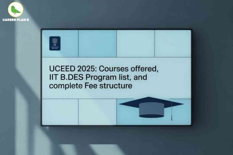 Informative visual about UCEED preparation in 2025, designed by Career Plan B. The top left displays the Career Plan B logo with a green bird and company name. Centered, bold black text reads, “UCEED 2025: Courses offered, IIT B.Des Program list, and complete Fee structure.” On the lower right, a minimalist black graduation cap graphic emphasizes the academic theme. The background consists of a wall-mounted digital display board with soft blue and white panels, creating a modern and organized look. The overall composition highlights the focus on UCEED preparation, including key details about courses, programs, and fees, with a clean, professional style that naturally incorporates all textual elements and branding without referencing any facial features.