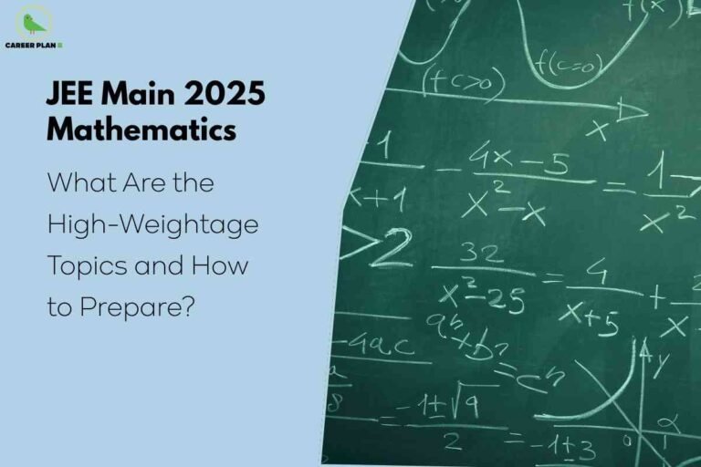 A detailed concept study image for JEE Main 2025 Maths Weightage, displaying a green chalkboard filled with mathematical equations, graphs, and problem-solving steps, alongside a blue background section with bold text stating “JEE Main 2025 Mathematics: What Are the High-Weightage Topics and How to Prepare?”, effectively emphasizing the importance of key topics and strategic preparation for JEE Main mathematics.