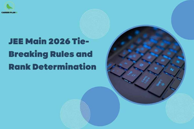 A digital-themed informational image for JEE Main 2026 tie-breaking, showing a closeup of a laptop keyboard with blue backlighting, geometric circle patterns, and bold headline text “JEE Main 2026 Tie-Breaking Rules and Rank Determination,” visually emphasizing tie-breaking procedures and rank determination for JEE Main aspirants.