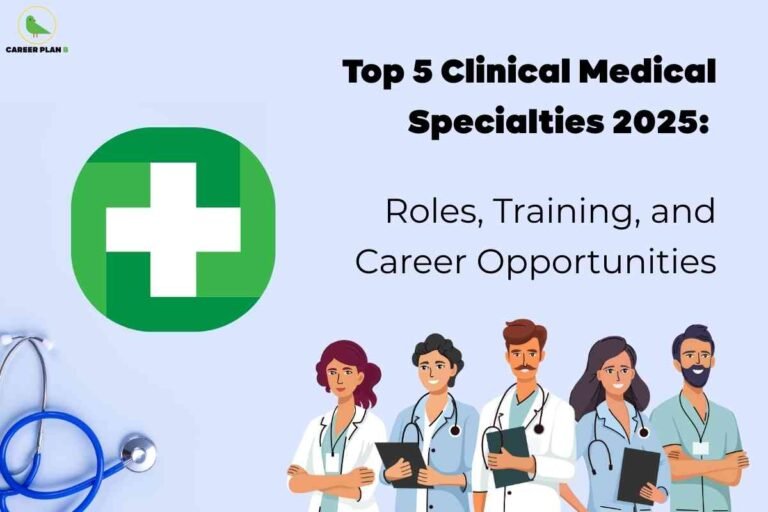 Illustration of diverse medical professionals in lab coats and scrubs with stethoscopes and clipboards, promoting ‘Top 5 Clinical Medical Specialties 2025: Roles, Training, and Career Opportunities.’ Green medical cross logo and stethoscope symbolize healthcare careers, physician training, and future clinical job opportunities.