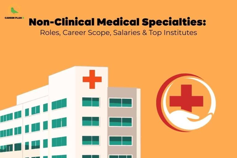 Illustration of a hospital building with red medical cross and healthcare logo featuring a hand and cross, highlighting ‘Non-Clinical Medical Specialties: Roles, Career Scope, Salaries & Top Institutes.’ Visual concept for non-clinical healthcare careers, medical administration, public health, and medical research opportunities.