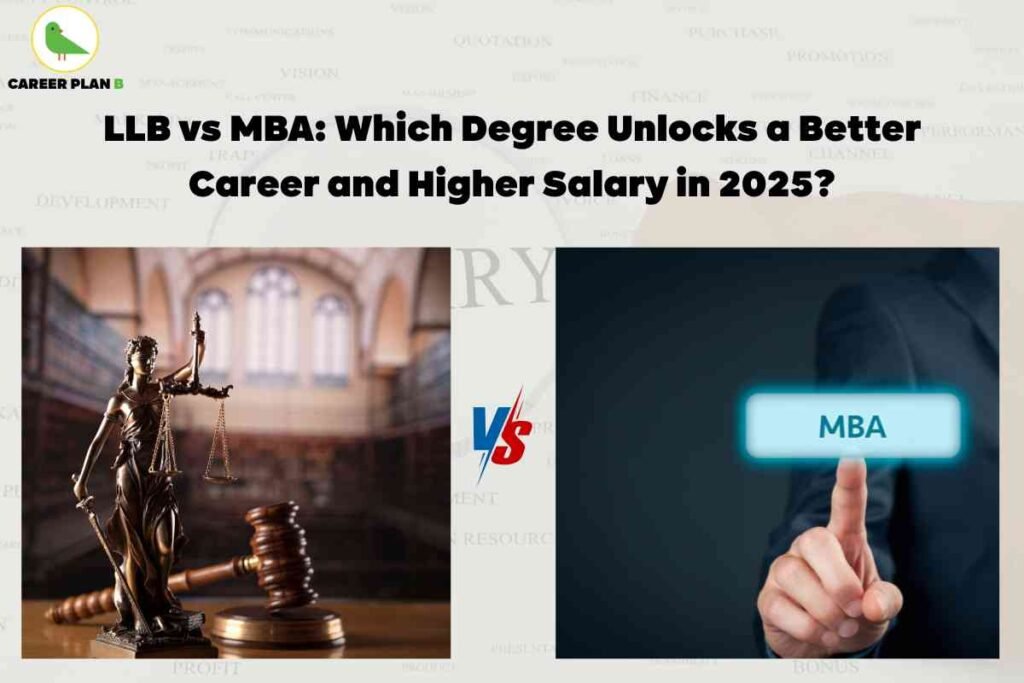 "LLB vs MBA comparison infographic – Lady Justice statue and gavel on one side, businessman's hand pressing MBA button on the other, Career Plan B branding, exploring career and salary potential in 2025."