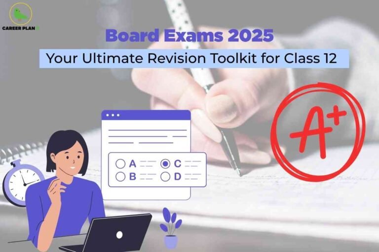 This image is designed with a bright **red background**, creating an energetic and motivational vibe. On the left side, a large **“A+” symbol** is circled in bold black, representing academic success and excellence. The right side features tall **stacks of books**, symbolizing knowledge, preparation, and hard work needed to excel in exams. At the top, bold white and black text reads **“UNLOCK YOUR FOCUS – The Ultimate Guide to Acing Exams”**, making it clear that the content is about study strategies and exam preparation. The **Career Plan B logo** appears in the top left corner, adding branding. The overall design emphasizes focus, discipline, and the pathway to achieving top grades.