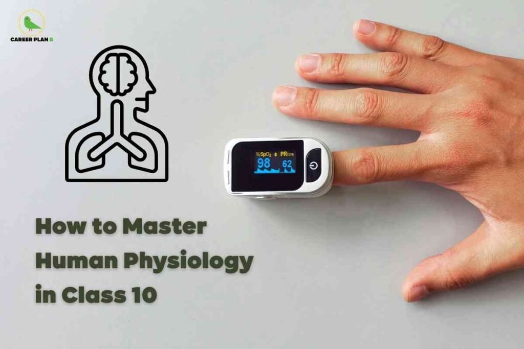 This image has a light grey background with a small green and gold “CAREER PLAN” logo in the top left corner. On the left side, there is a black line illustration of a human figure showing the brain and lungs, representing human physiology. Centered below the illustration, bold dark green text reads “How to Master Human Physiology in Class 10.” On the right side, a person’s hand is positioned flat with a digital pulse oximeter attached to their index finger, displaying oxygen saturation and pulse rate readings on the screen. The composition combines visual cues for biology studies and practical measurement, emphasizing effective learning of human physiology for Class 10 students.
