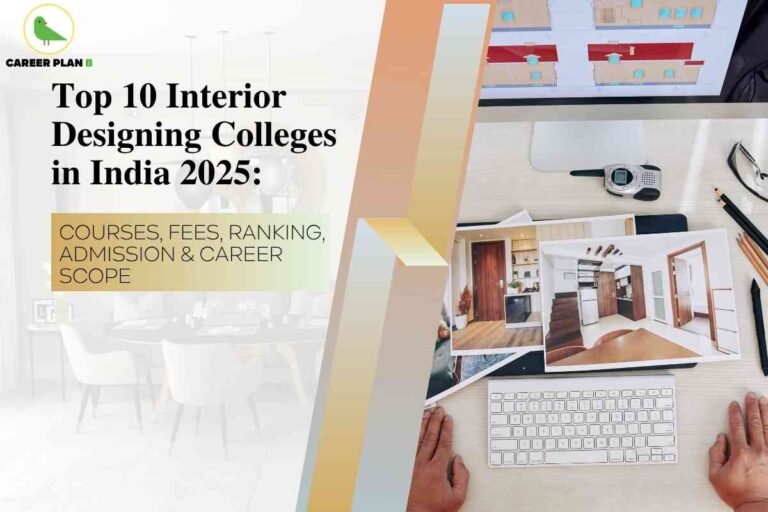 Educational banner featuring India’s top 10 interior designing colleges for 2025, created by Career Plan B. The top left displays the Career Plan B logo—a green bird icon and brand name. The bold black headline at center reads “Top 10 Interior Designing Colleges in India 2025: Courses, Fees, Ranking, Admission & Career Scope.” Below, a gold-tinted box highlights “Courses, Fees, Ranking, Admission & Career Scope.” The right side shows a neatly arranged designer’s desk, with a wireless keyboard, pencils, eyeglasses, a scale ruler, and a silver measuring tape. Several printed photographs of stylish modern interiors are fanned out on the desk, and a computer monitor displays house floorplans, representing creative coursework and the profession. The muted, professional background features a bright, airy interior dining space, visually emphasizing interior design education, ranking, admission information, and future opportunities without referencing any facial features.