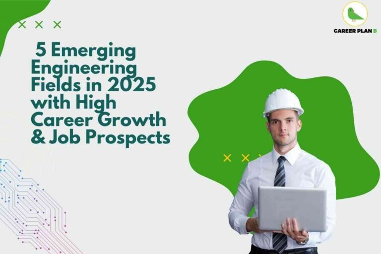 Informative banner about five emerging engineering fields in 2025 with high career growth and job prospects, created by Career Plan B. The left side features bold green and dark teal text: “5 Emerging Engineering Fields in 2025 with High Career Growth & Job Prospects.” Modern green geometric shapes and digital circuit illustrations add a tech-themed background. On the right, a male professional in a white safety helmet, formal shirt, and tie stands confidently holding a laptop, symbolizing engineering and future technology careers. The top right displays the Career Plan B logo with a green bird. The overall design emphasizes opportunity, innovation, and professional pathways in new engineering fields for the future without referencing any facial features.