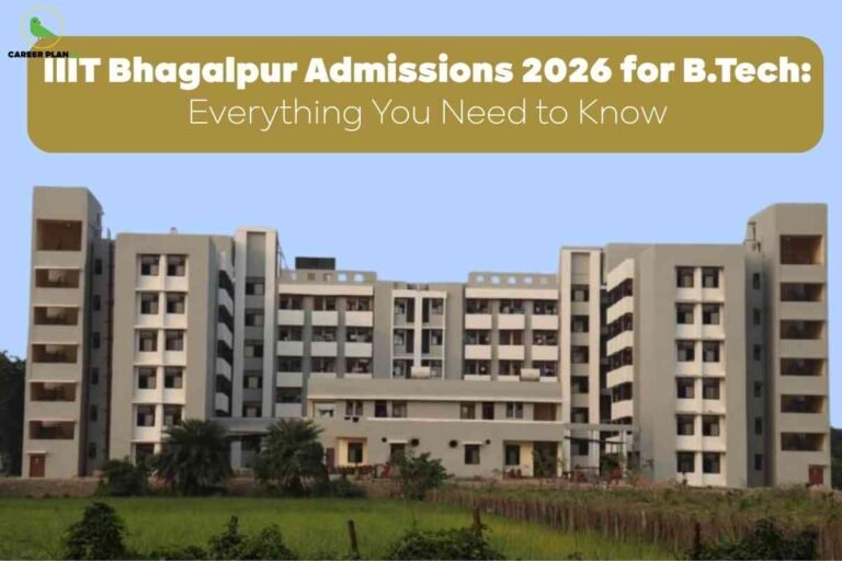 A spacious view of the IIIT Bhagalpur campus building with modern architecture, lush green lawn in front, clear blue sky background and prominent text banner at the top describing IIIT Bhagalpur B.Tech admissions for 2026, conveying everything prospective students need to know about IIIT Bhagalpur B.Tech admissions in a welcoming and informative manner.