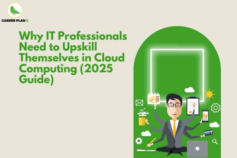 Informative banner about why IT professionals need to upskill in cloud computing for 2025, created by Career Plan B. The top left displays the Career Plan B logo featuring a green bird and the brand name. The main section on the left side features a bold green headline text that reads: “Why IT Professionals Need to Upskill Themselves in Cloud Computing (2025 Guide).” On the right, a stylized illustration shows a professional in a suit sitting cross-legged with six arms, each holding symbols of modern technology roles: a calendar, coffee mug, pen and notebook, credit card, chart on a smartphone, and a tablet. The background is a vibrant green arch with icons for email, settings, sun, clouds, and data charts, representing various cloud computing and IT concepts. The visual highlights the importance of continuous learning, adaptability, and cloud skills for career growth in information technology, focusing on education, multitasking, and digital transformation in 2025—without referencing any facial details.