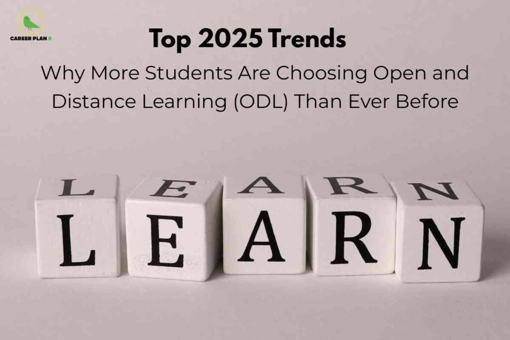 Blocks spelling out the word learn are arranged neatly on a flat surface under a headline that highlights top 2025 trends, with supporting text explaining why more students are choosing open and distance learning for their education, visually reinforcing the concept of Open and Distance Learning as a modern approach to accessible learning.