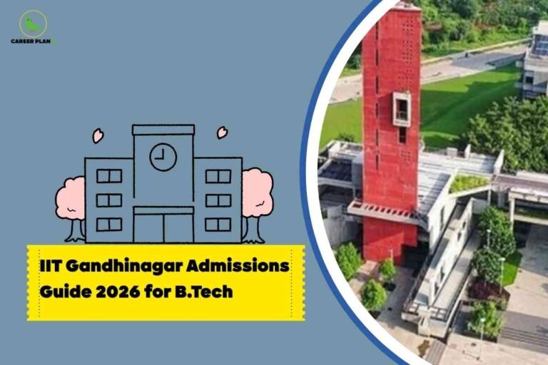 A split-graphic image featuring a cartoon-style depiction of a college building with blooming pink trees on the left and a real photograph of IIT Gandhinagar’s iconic red tower surrounded by lush greenery on the right, with a prominent yellow banner detailing IIT Gandhinagar B.Tech admissions guide for 2026, visually capturing the modern campus atmosphere and the key information about IIT Gandhinagar B.Tech admissions.