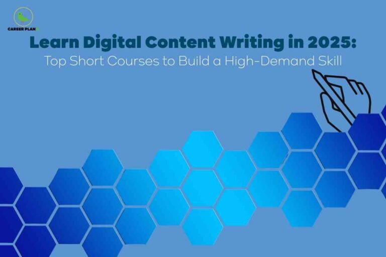 A modern blue-themed graphic with interconnected hexagons and an outlined hand holding a pen, paired with bold headline text inviting viewers to learn digital content writing through top short courses in 2025, clearly communicating information about digital content writing courses and their role in building high-demand content creation skills.