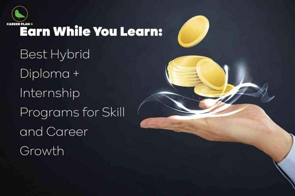 A person’s hand in a suit is shown with animated swirling lines and glowing effects, supporting a stack of golden coins, set against a dark background with bold text about earn while you learn and the best hybrid diploma internship programs for skill and career growth, visually illustrating the concept of hybrid diploma internship programs that help students earn while gaining valuable skills and career advancement opportunities.