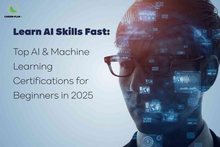 A futuristic blue-themed image with digital circuit overlays showing part of a human head in profile, glasses reflecting data, and headline text highlighting the fastest way to learn AI skills through top AI and machine learning certifications for beginners in 2025, visually emphasizing the concept of top AI ML certifications for rapid skill development in artificial intelligence and machine learning.