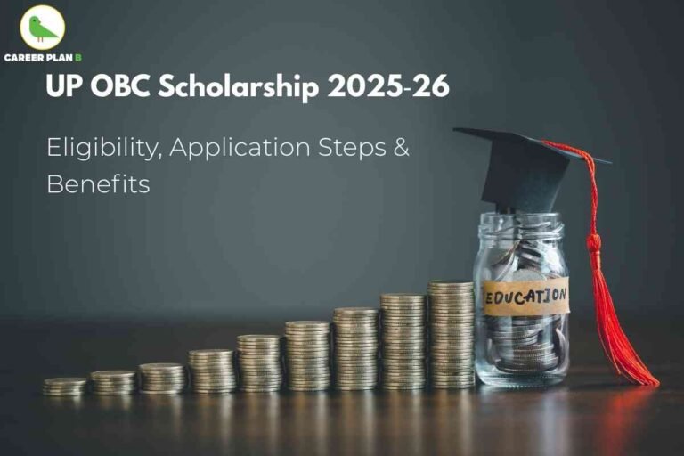 A promotional banner for the "UP OBC Scholarship 2025-26" by Career Plan B. The background is a dark table with stacks of coins arranged in ascending order from left to right, symbolizing financial growth. At the end, a glass jar labeled "EDUCATION" is filled with coins and is topped with a black graduation cap with a red tassel, representing scholarship for education. The text on the image reads: "UP OBC Scholarship 2025-26: Eligibility, Application Steps & Benefits." The Career Plan B logo, a green bird, is in the top left corner. The overall design emphasizes guidance on eligibility, application procedure, and benefits of the Uttar Pradesh OBC Scholarship.