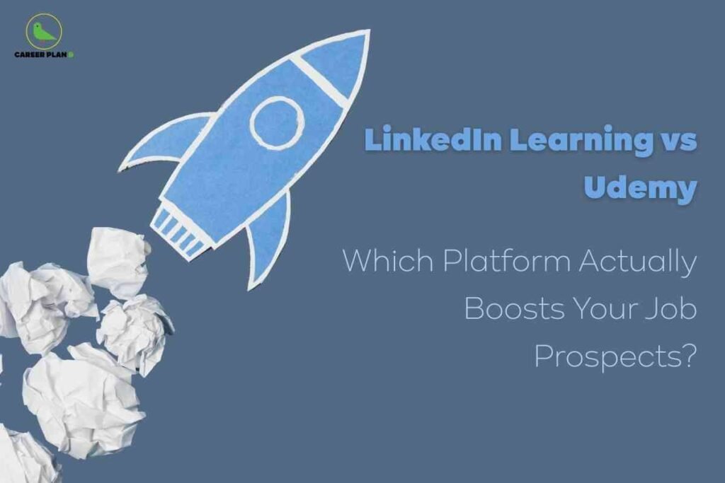 A minimalist blue background features a stylized paper rocket launching upward with crumpled paper as exhaust, accompanied by bold headline text comparing LinkedIn Learning vs Udemy and asking which platform actually boosts job prospects, visually representing the concept of LinkedIn Learning vs Udemy as two major platforms for enhancing employment opportunities and career growth.