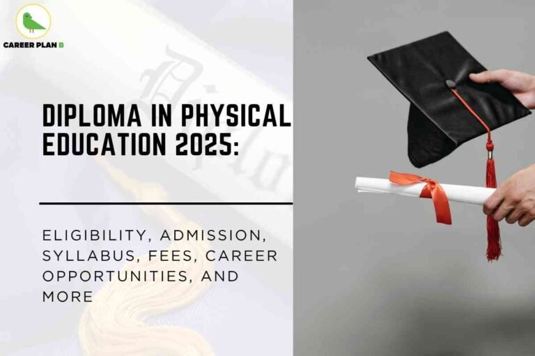Career Plan B graphic titled ‘Diploma in Physical Education 2025’ with a subtitle listing eligibility, admission, syllabus, fees, career opportunities, and more. The left side features bold black text over a blurred background of a graduation document and tassel. On the right, a person’s hands hold a rolled-up diploma tied with an orange ribbon and a black graduation cap with a red tassel, symbolizing academic achievement.