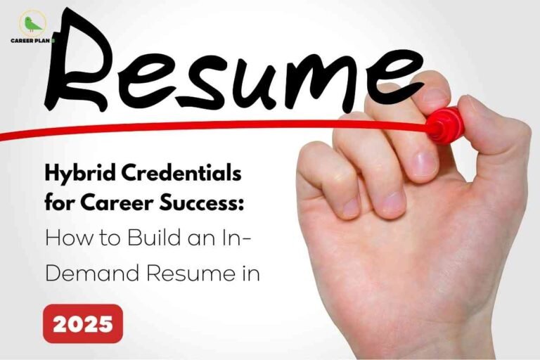 A hand holding a red marker draws a bold underline beneath the large word resume at the top, with supporting text describing hybrid credentials for career success and guidance on how to build an in-demand resume in 2025, visually illustrating the importance of hybrid resume building strategies for standing out in modern job applications.