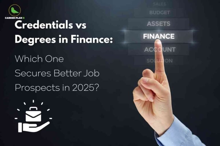 A hand in a formal shirt points toward an illuminated finance button on a dark background, displaying clear text comparing credentials vs degrees in finance and asking which secures better job prospects in 2025, with a graphic of a hand holding a briefcase symbolizing career opportunities, visually highlighting the choice between finance credentials or degree for advancing professional prospects.
