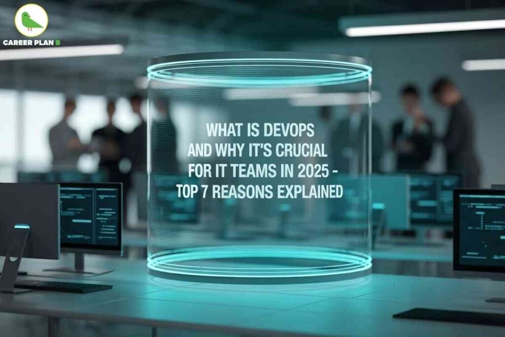 A modern, digitally styled promotional graphic from Career Plan B. In the background, a high-tech office scene features blurred business professionals standing and discussing near computer monitors displaying code. In the foreground, a large, glowing, semi-transparent cylindrical display shows the text: "WHAT IS DEVOPS AND WHY IT'S CRUCIAL FOR IT TEAMS IN 2025 – TOP 7 REASONS EXPLAINED." The Career Plan B logo, a green bird, is in the top left corner. The overall design conveys a futuristic and technological theme, emphasizing the importance of DevOps for IT teams in 2025.