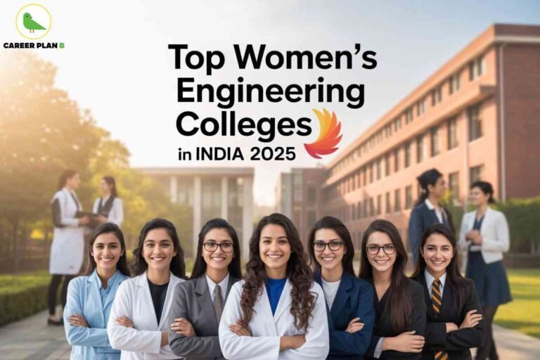 This image highlights **Top Women’s Engineering Colleges in India 2025**. At the center, the text reads in bold black letters: *“Top Women’s Engineering Colleges in INDIA 2025”* with a colorful flame-like design beside it, adding emphasis to the title. In the foreground, a group of seven young women, dressed in professional and academic attire—lab coats, blazers, and formal uniforms—stand confidently with smiles, symbolizing empowerment, education, and success in the engineering field. Behind them, the background shows a large, red-brick academic building with green lawns, representing a college campus environment. Some other students can be seen in conversation, reinforcing the academic setting. At the top left corner, the **Career Plan B** green bird logo is visible. The overall design conveys motivation, highlighting opportunities and recognition for women pursuing engineering education in India.