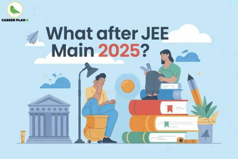 Career Plan B graphic titled ‘What after JEE Main 2025?’ set against a light blue background with clouds and a paper airplane. The illustration shows a male student in a yellow shirt and blue jeans sitting thoughtfully under a lamp, and a female student in a green top reading while sitting on a stack of large books. Surrounding elements include a classical building structure, a large pencil, a potted plant, and a bright sun, symbolizing education, planning, and future opportunities after the JEE Main exam.