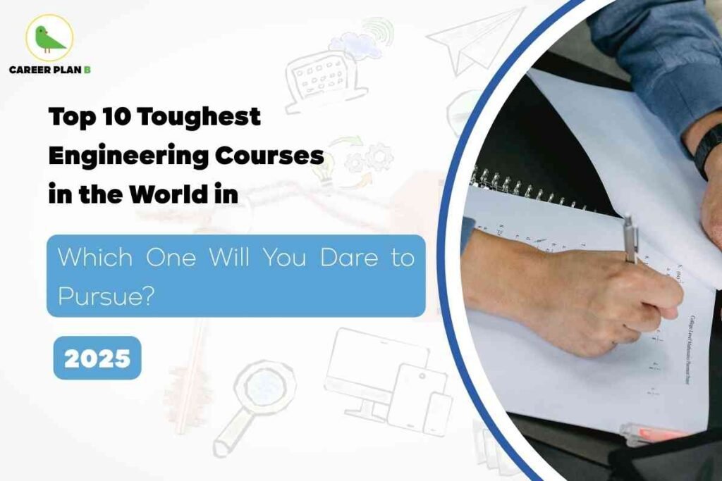 A digital promotional banner from Career Plan B. The top left features a circular green bird logo and the text "CAREER PLAN B." The main headline in bold black letters reads: "Top 10 Toughest Engineering Courses in the World in" followed by "Which One Will You Dare to Pursue?" in large white text on a blue background, and "2025" in a rounded blue box beneath it. The background displays light, semi-transparent graphics of gears, a magnifying glass, computer monitor, and paper airplane, suggesting engineering and technology themes. On the right, a photograph shows a person filling out a notebook with a pen, reinforcing a focus on study and academics. The visual style is modern and encouraging, inviting viewers to consider challenging engineering courses for 2025.