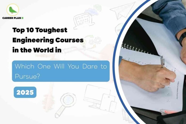 A digital promotional banner from Career Plan B. The top left features a circular green bird logo and the text "CAREER PLAN B." The main headline in bold black letters reads: "Top 10 Toughest Engineering Courses in the World in" followed by "Which One Will You Dare to Pursue?" in large white text on a blue background, and "2025" in a rounded blue box beneath it. The background displays light, semi-transparent graphics of gears, a magnifying glass, computer monitor, and paper airplane, suggesting engineering and technology themes. On the right, a photograph shows a person filling out a notebook with a pen, reinforcing a focus on study and academics. The visual style is modern and encouraging, inviting viewers to consider challenging engineering courses for 2025.
