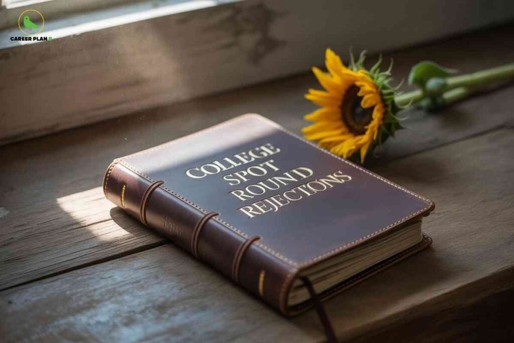 A thick brown leather-bound book titled college spot round rejections lies on a sunlit wooden windowsill with a bright sunflower placed beside it, evoking a sense of reflection and resilience while suggesting the idea of overcoming spot round rejection through introspection, learning, and a hopeful outlook for future opportunities.