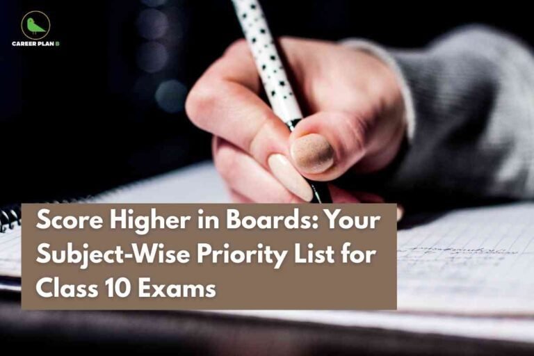 This image features a close-up of a person's hand holding a white pen with small black stars, writing in a spiral notebook on a lined page. The individual has a light skin tone and short, neatly kept fingernails. The background is blurred, with soft lighting creating a focused atmosphere on the act of writing, reminiscent of exam or study conditions. In the upper left corner, the image includes a logo displaying a green bird with the words “CAREER PLAN B.” At the bottom of the image, there is a brown text box with bold white lettering reading: “Score Higher in Boards: Your Subject-Wise Priority List for Class 10 Exams.” This visual emphasizes academic preparation and planning strategies for class 10 board examinations.