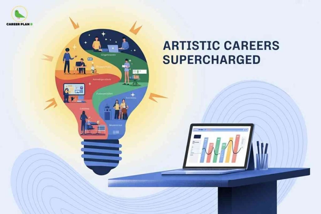 A creative illustration features a glowing light bulb filled with colorful segments representing different artistic professions, such as graphic design, animation, music, and direction, alongside a modern laptop displaying a career growth chart, visually emphasizing the dynamic opportunities and growth available in a career in arts through modern skills and digital creativity.