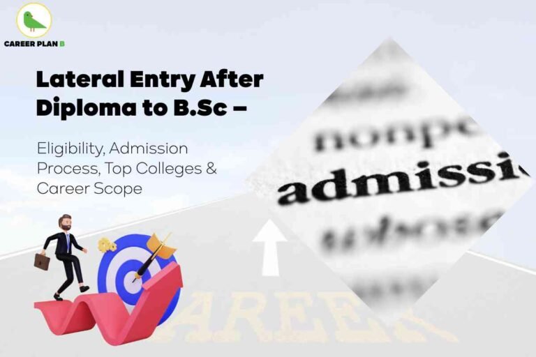 A promotional graphic from Career Plan B with a light grey background. The top left features a green bird logo and the text "CAREER PLAN B." The main headline in bold black text reads: "Lateral Entry After Diploma to B.Sc – Eligibility, Admission Process, Top Colleges & Career Scope." Centered, there is an illustration of a person in business attire walking up a red arrow toward a blue target with gold coins and an upward arrow, symbolizing career growth. On the right, there is a partially blurred close-up image of the word "admission" in a dictionary-style font, emphasizing the concept of entry or enrollment. The overall design highlights guidance on eligibility, admission steps, top colleges, and career opportunities for diploma holders seeking lateral entry into B.Sc programs.