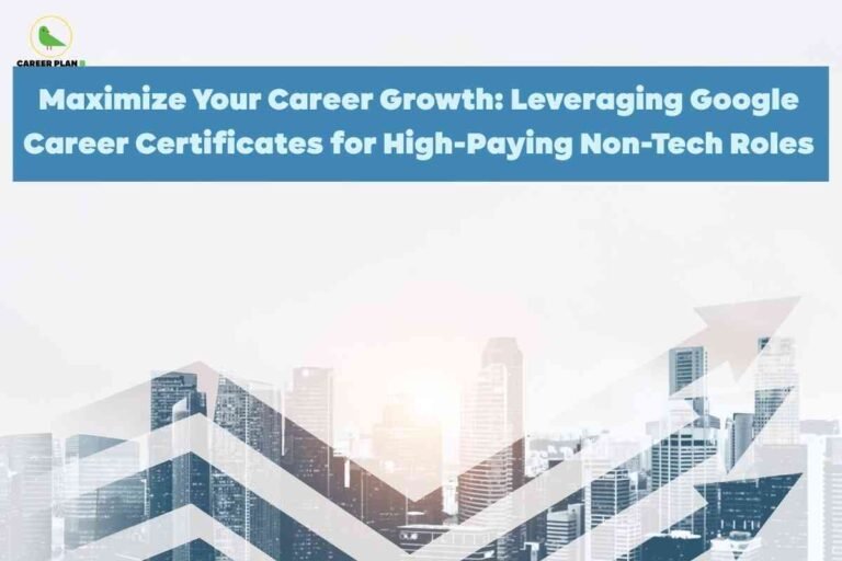 A modern city skyline with rays of sunlight and upward pointing transparent arrows visually represents career growth, paired with a bold headline highlighting how to maximize professional opportunities by leveraging Google Career Certificates for high paying non tech roles, clearly showcasing the impact and relevance of Google Career Certificates for advancing career growth outside the tech field.