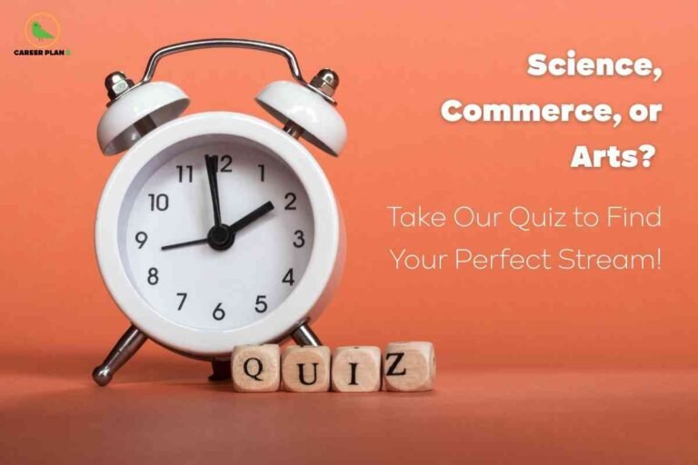 This image shows a white analog alarm clock with metal bells at the top, positioned against a smooth, light orange background. The time on the clock reads 12:10. In front of the clock, four wooden blocks with black letters spell the word "QUIZ." The upper left corner displays a green bird logo and the words "CAREER PLAN B." On the right side of the image, bold white text asks, “Science, Commerce, or Arts?” followed by “Take Our Quiz to Find Your Perfect Stream!” in a lighter font. The overall design visually invites students to determine their ideal academic stream (science, commerce, or arts) by participating in a quiz.