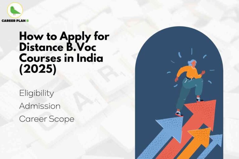 Informative banner explaining how to apply for Distance B.Voc (Bachelor of Vocation) courses in India for 2025, created by Career Plan B. The top left features the Career Plan B logo—a green bird and the brand name. The main text in bold black font asks, “How to Apply for Distance B.Voc Courses in India (2025),” followed by subheadings: “Eligibility, Admission, Career Scope.” The right side of the banner has an illustration of a person confidently climbing upward on three colorful arrows, symbolizing career growth, new opportunities, and professional advancement through flexible learning. The background features soft, blurred Scrabble tiles, emphasizing education and building skills. The overall composition visually communicates guidance for students seeking flexible, career-oriented distance education without referencing any facial features or personal characteristics.