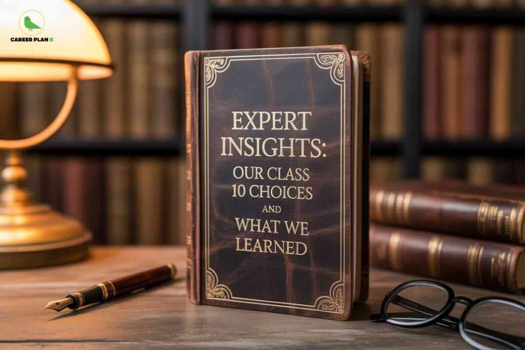 An elegant leather-bound book titled expert insights: our class 10 choices and what we learned stands open on a library desk among classic books, a fountain pen, and eyeglasses, under warm lamp light, visually reinforcing the theme of thoughtful class 10 career guidance and the lessons gained from making diverse academic and career decisions at this pivotal stage.