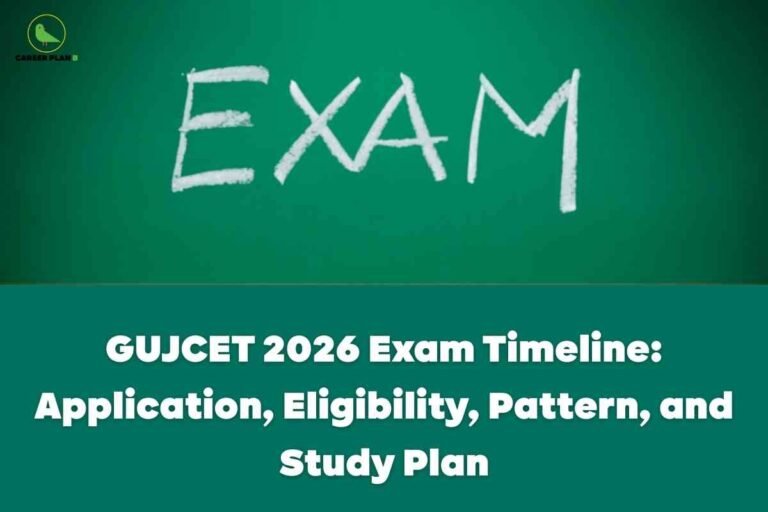 This image has a green background resembling a chalkboard, with the word “EXAM” written in large, white chalk-style letters at the top. The upper left corner features the "CAREER PLAN B" logo—a green bird inside a yellow circle. The bottom portion contains a solid green panel with bold white text reading: “GUJCET 2026 Exam Timeline: Application, Eligibility, Pattern, and Study Plan.” The overall design conveys essential information and guidance about the GUJCET 2026 examination process, covering details like the application, eligibility criteria, exam pattern, and study strategy.