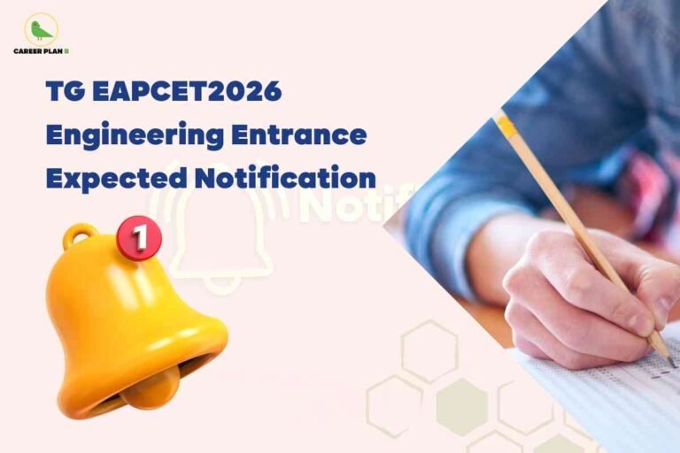 This image features a light beige background with the "CAREER PLAN B" logo—a green bird inside a yellow circle—in the upper left corner. On the left side, there is a large, shiny yellow bell icon with a red notification badge labeled “1,” signifying a new alert. Above and to the right of the bell, bold dark blue text reads: “TG EAPCET2026 Engineering Entrance Expected Notification.” Faint outlines of hexagons and a notification bell can also be seen as design elements in the background. In the upper right corner, within a skewed polygon shape, there is a close-up photo of a person's hand using a wooden pencil to fill in answers on an OMR sheet, representing exam activity. The composition announces anticipated updates regarding the Telangana EAPCET 2026 engineering entrance exam.