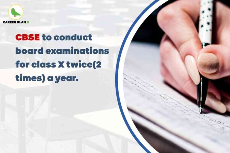 An image shows a classroom setting where the left half displays blurred empty desks and chairs, while the right half focuses on a close-up of a person’s hand with neatly manicured nails holding a black and white pen and writing on lined paper. At the top left, there is a logo for Career Plan B with a green bird inside a yellow circle. Over the desks, bold text reads: “CBSE to conduct board examinations for class X twice (2 times) a year.” This image communicates the news about CBSE Class 10 board exams 2026, highlighting that students will have the opportunity to take the exams two times in one academic year.