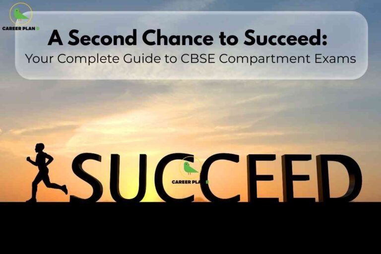 The image features a silhouette of a person running towards large, bold letters spelling "SUCCEED" against a backdrop of a sunrise or sunset sky, symbolizing new opportunities and hope. At the top, within a translucent banner, bold black text reads: "A Second Chance to Succeed: Your Complete Guide to CBSE Compartment Exams." The Career Plan B logo with a green bird inside a yellow circle appears at the top left. This visual represents motivation and second chances for students preparing for CBSE compartment exams.